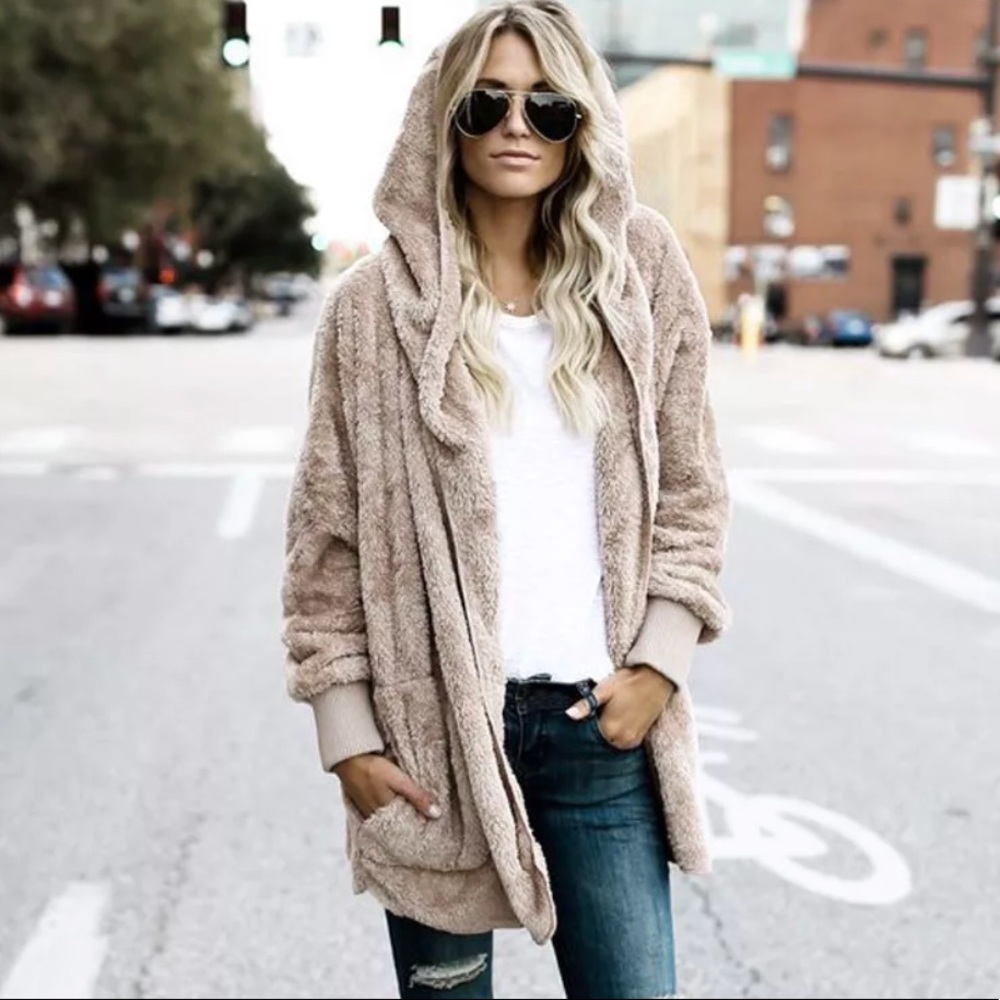 Sherpa cardigan hoodie jacket pockets faux fluffy lounge hooded open front soft - Picture 2 of 2